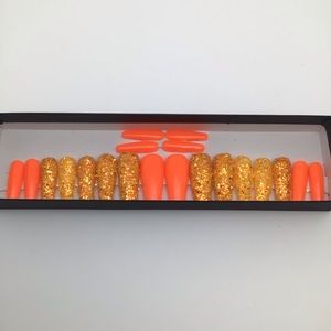 Gel Press On Long Orange Sparkle